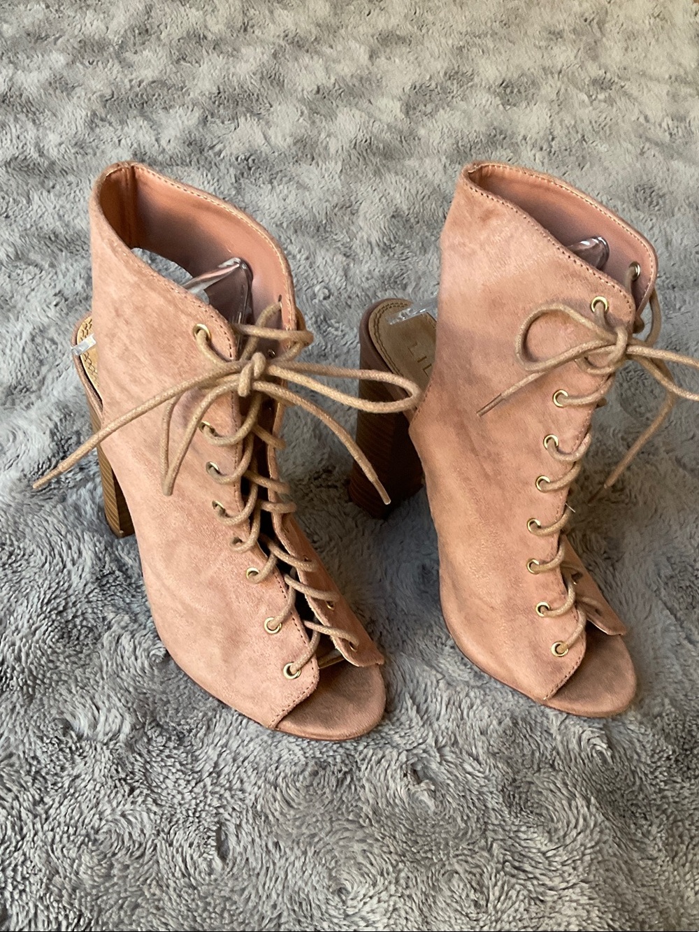 Liliana Mauve Pink Blush Suede Lace-Up Peep Toe Booties